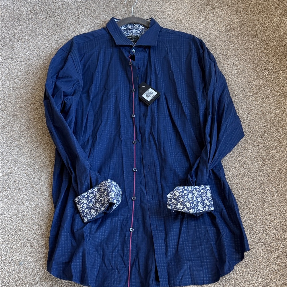 Bugatchi Midnight Blue Shirt with Pink Trim and floral cuffs NWT